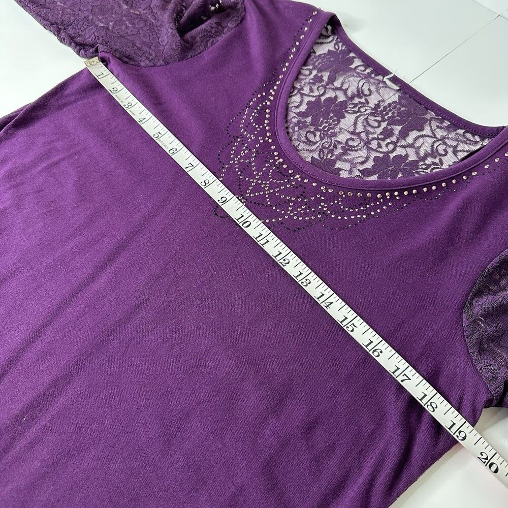 Y2K Stretch Top Sz M?‎ Purple Sheer Floral Lace Embellished Neckline Fairy Boho - Picture 7 of 13